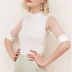 Elegant Flock Dots Elbow Sleeve Ribbed Top (White)